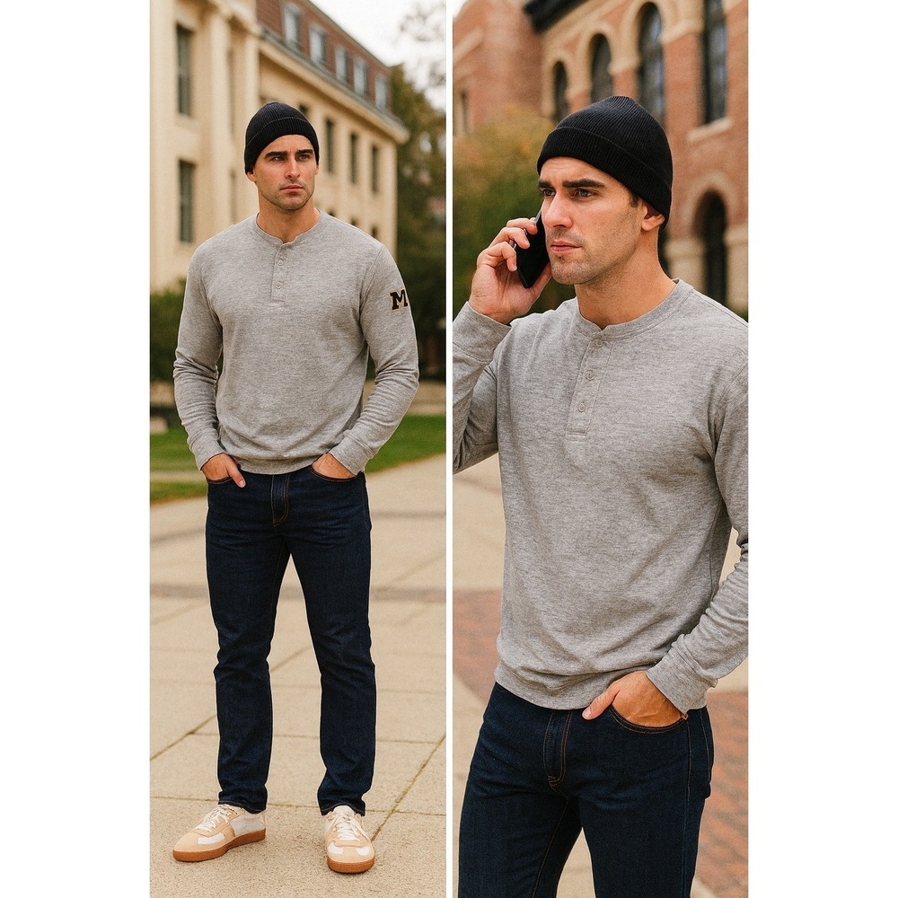 J Crew Knit Goods University of Michigan Customi XL Gray Snap Henley Alumni Swag